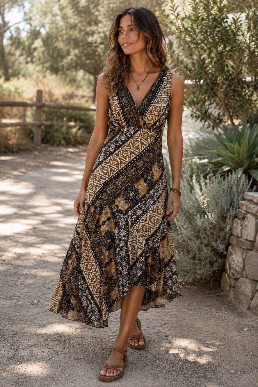 Y2K Boho Fairy Babydoll Midi Dress Bias Cut Patchwork Surplice Brown Earthy 14